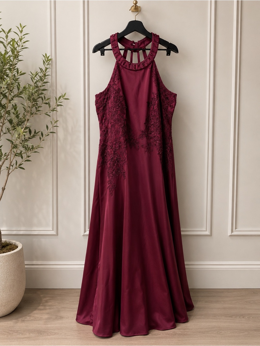 Plus Size 22 Burgundy Formal Halter Gown Lace Beaded High-Low Maxi Dress